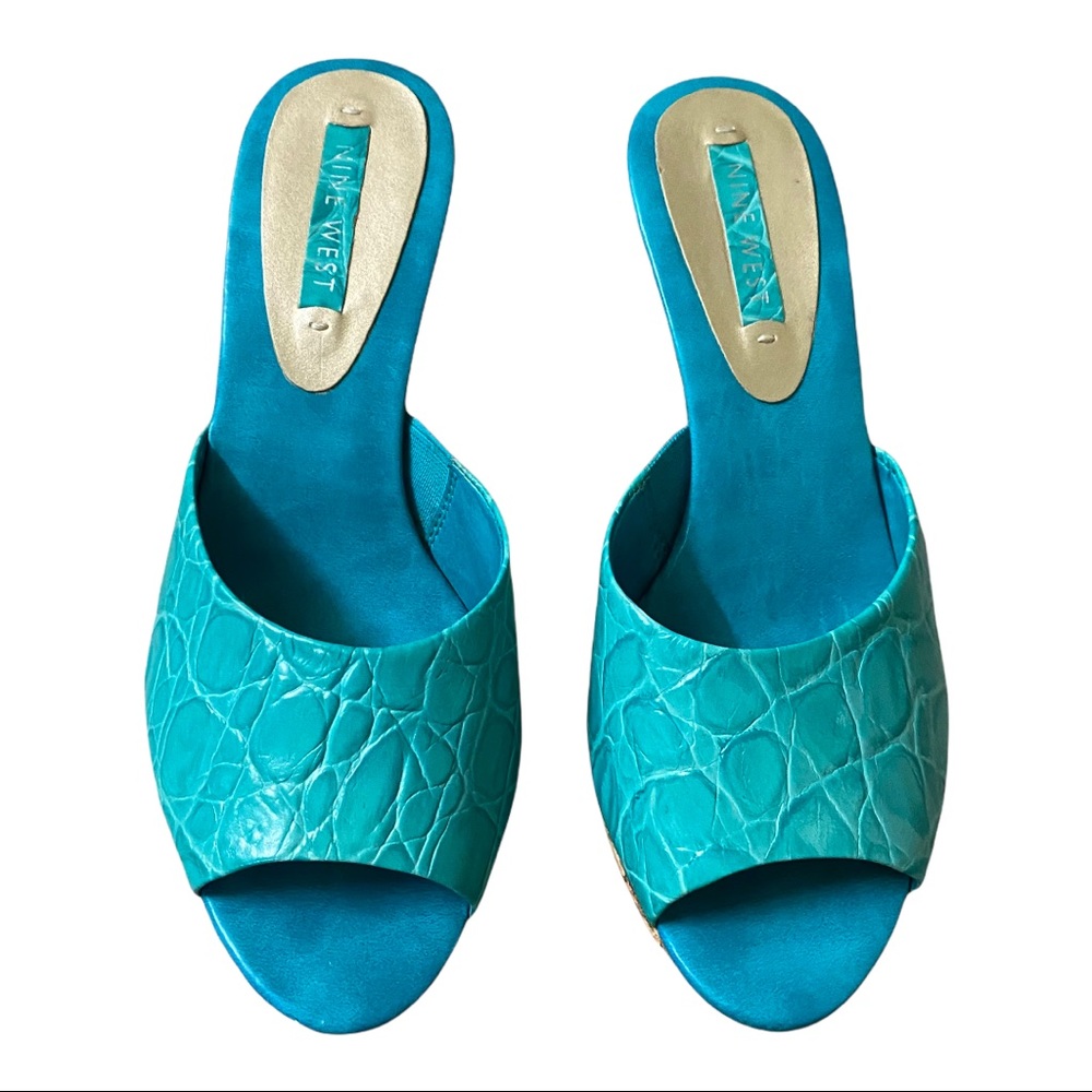 Nine West Teal Croc-Embossed Slide Sandals